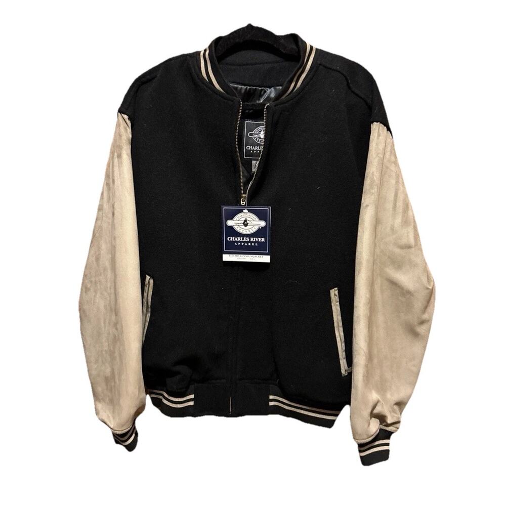 High School Varsity Wool Fleece Bomber Letterman Jacket Large Black Tan Charles